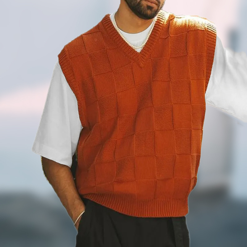 Férfi kötött mellény V-nyakú, ujjak nélküli, kockás mintázat, akril rostok — Nyár 2025