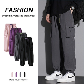 Ανδρικά παντελόνια εργασίας-καθημερινά με ίσιο κόψιμο, μεσαία μέση, με ζώνη και κορδόνι μπροστά, ύφασμα από μίγμα λίνου, κατάλληλα για άνοιξη-φθινόπωρο