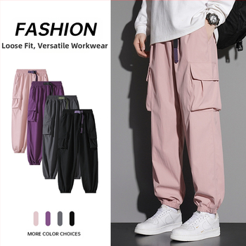 Ανδρικά παντελόνια εργασίας-καθημερινά με ίσιο κόψιμο, μεσαία μέση, με ζώνη και κορδόνι μπροστά, ύφασμα από μίγμα λίνου, κατάλληλα για άνοιξη-φθινόπωρο