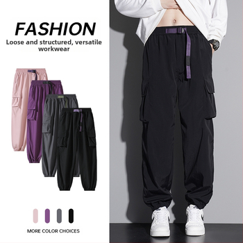 Ανδρικά παντελόνια εργασίας-καθημερινά με ίσιο κόψιμο, μεσαία μέση, με ζώνη και κορδόνι μπροστά, ύφασμα από μίγμα λίνου, κατάλληλα για άνοιξη-φθινόπωρο