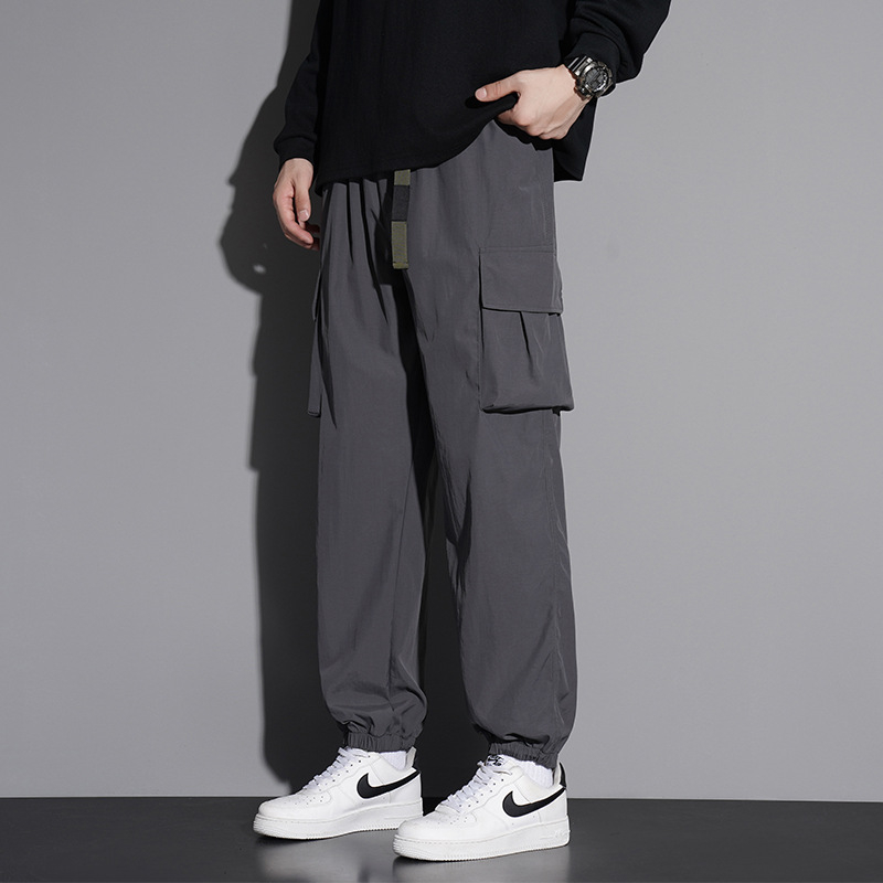 Muške casual radne hlače s ravnim krojem, srednje visine, s pojasom i prednjim vezivanjem, tkanina od laneno-sintetičke mješavine, pogodne za proljeće i jesen