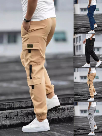 Pantaloni de lucru pentru bărbați, cu buzunare multiple, croială dreaptă, talie medie, închidere cu șnur, poliester amestec