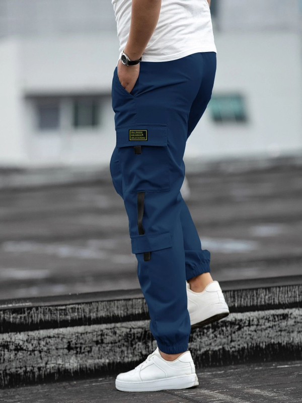 Pantaloni de lucru pentru bărbați, cu buzunare multiple, croială dreaptă, talie medie, închidere cu șnur, poliester amestec