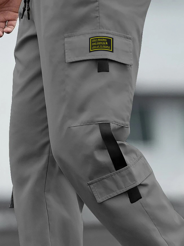 Pantaloni de lucru pentru bărbați, cu buzunare multiple, croială dreaptă, talie medie, închidere cu șnur, poliester amestec