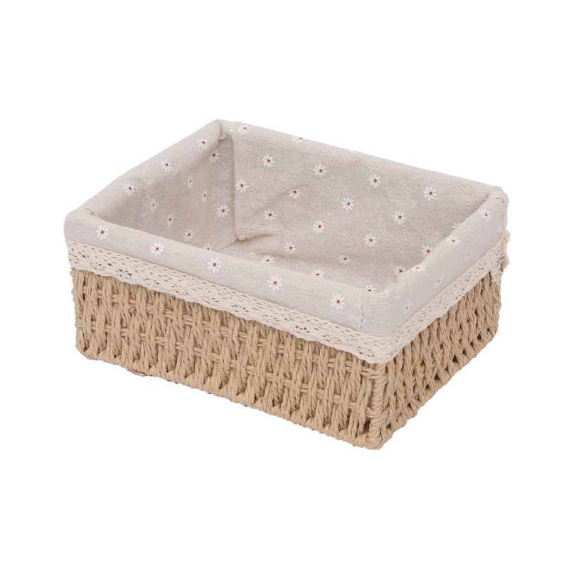 Koš za sitnice s Daisy unutarnjom oblogom — materijal: papirnato uže i tkanina; pogodno za CD-ove, daljinske upravljače, uredski materijal, voće, kozmetiku.