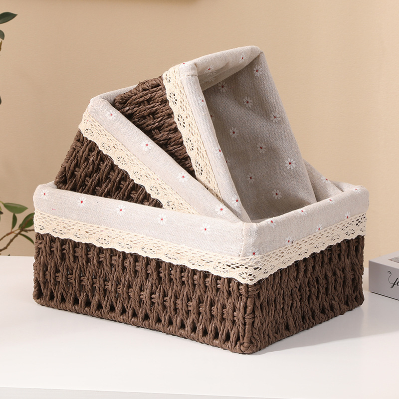 Koš za sitnice s Daisy unutarnjom oblogom — materijal: papirnato uže i tkanina; pogodno za CD-ove, daljinske upravljače, uredski materijal, voće, kozmetiku.