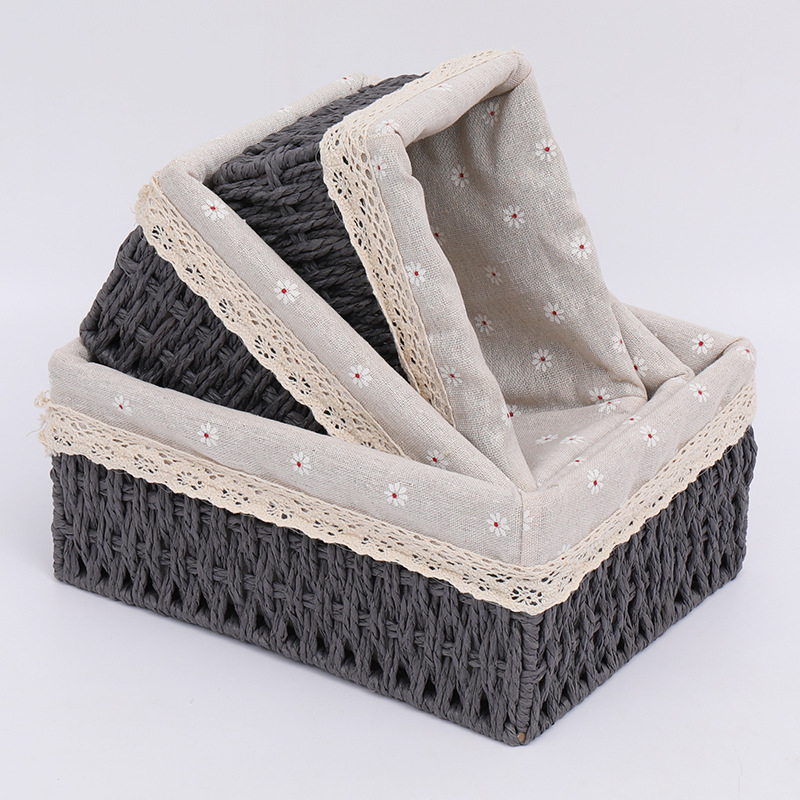 Koš za sitnice s Daisy unutarnjom oblogom — materijal: papirnato uže i tkanina; pogodno za CD-ove, daljinske upravljače, uredski materijal, voće, kozmetiku.