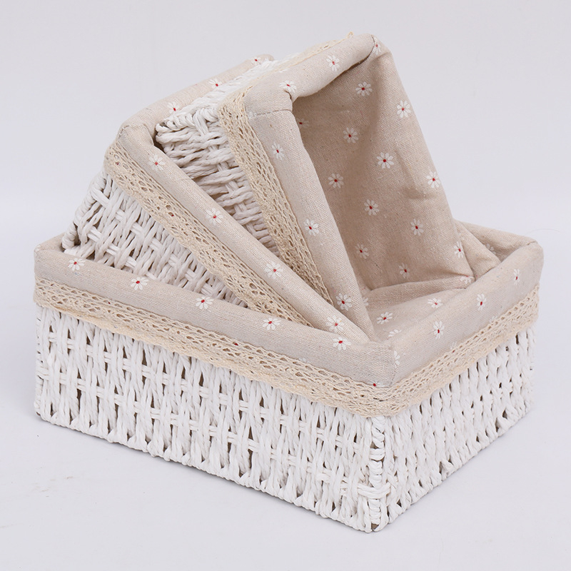 Koš za sitnice s Daisy unutarnjom oblogom — materijal: papirnato uže i tkanina; pogodno za CD-ove, daljinske upravljače, uredski materijal, voće, kozmetiku.