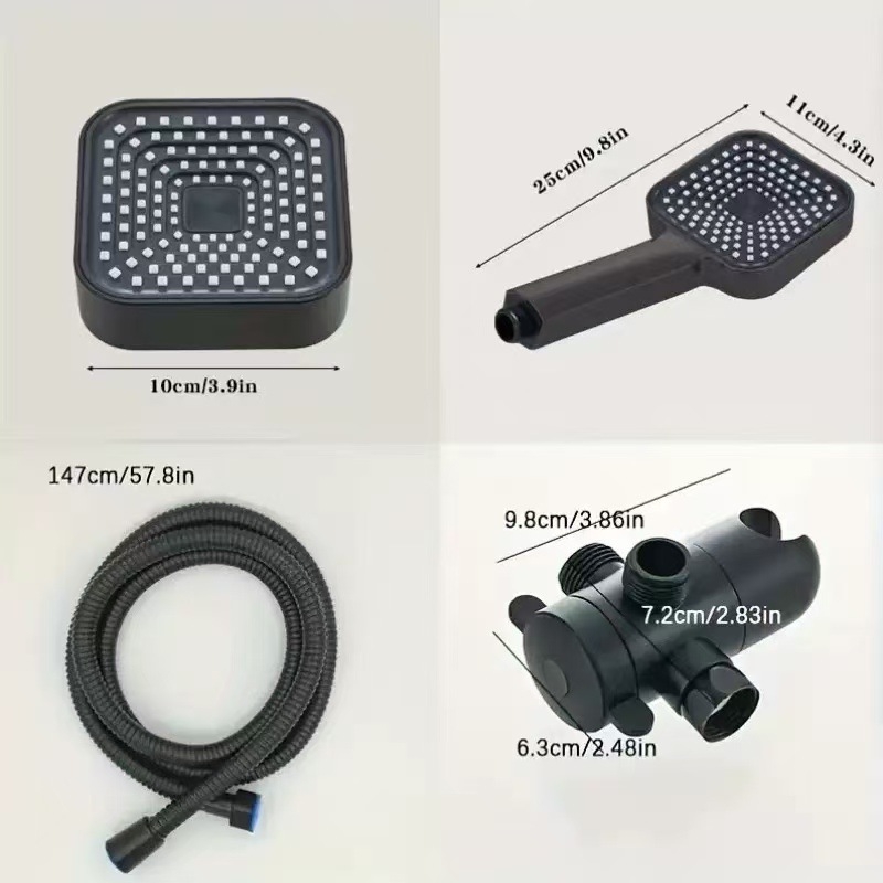 Malifang dušo komplektas, kvadratinė rankinė dušo galvutė su laikikliu, paviršinis montavimas, plastikas, injekcinis liejimas, lietaus funkcija, 3 krypčių daliklis