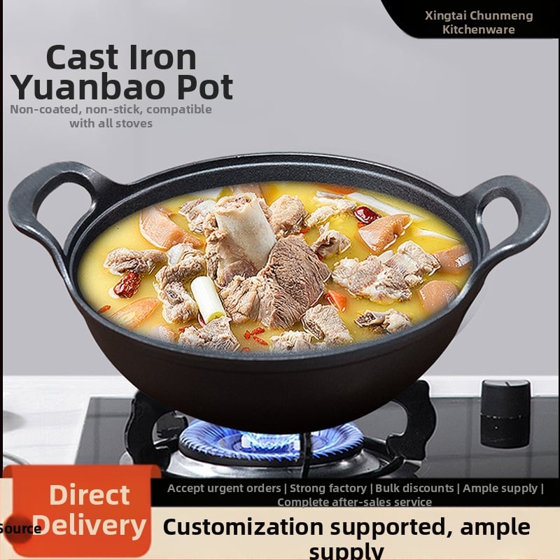 Geležinis wokas su dviejų rankenėlių, be dangos, mediniu dangteliu