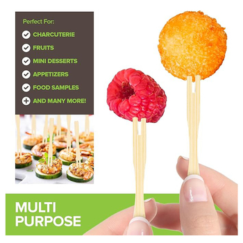 Vienkartinė bambukinė vaisių šakutė su šiuolaikiniu minimalistiniu dizainu, skirta suaugusiems, pirmosios klasės kokybė.