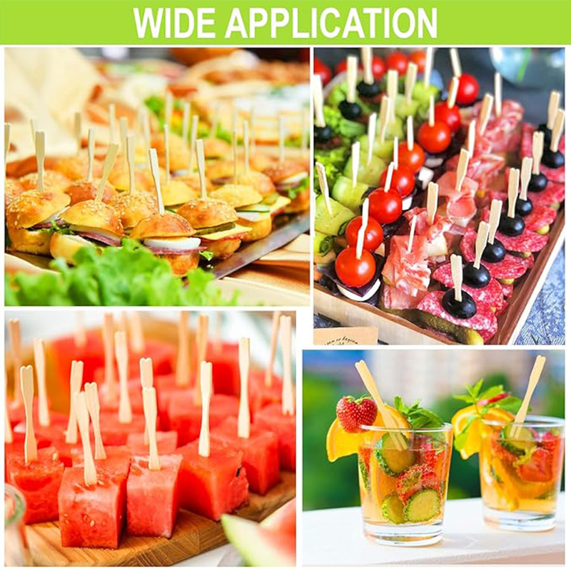 Vienkartinė bambukinė vaisių šakutė su šiuolaikiniu minimalistiniu dizainu, skirta suaugusiems, pirmosios klasės kokybė.