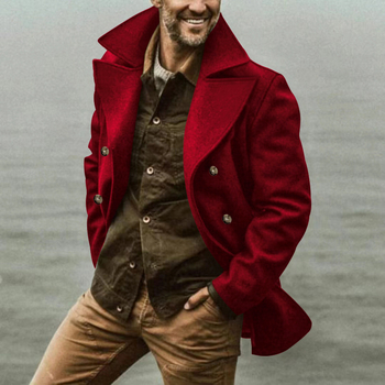 Ανδρικό παλτό διπλής σειράς με γιακά τύπου λαπέλ, μεσαίου μήκους, τσέπες κατά μήκος, χωρίς ζώνη