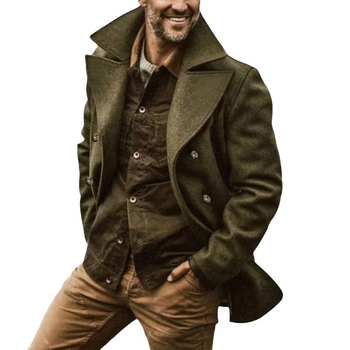 Ανδρικό παλτό διπλής σειράς με γιακά τύπου λαπέλ, μεσαίου μήκους, τσέπες κατά μήκος, χωρίς ζώνη