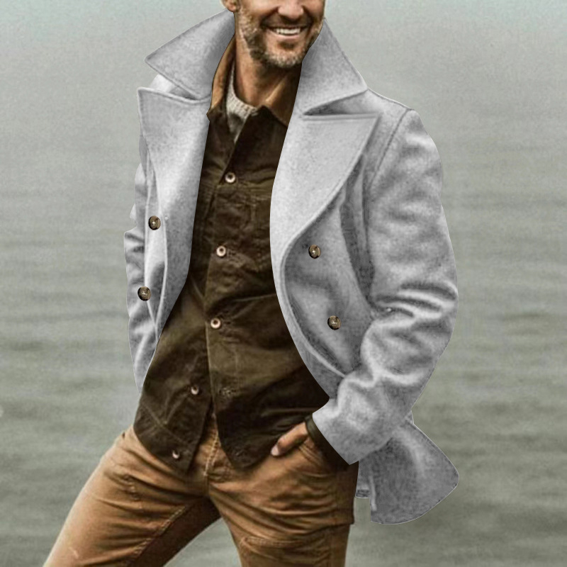 Ανδρικό παλτό διπλής σειράς με γιακά τύπου λαπέλ, μεσαίου μήκους, τσέπες κατά μήκος, χωρίς ζώνη