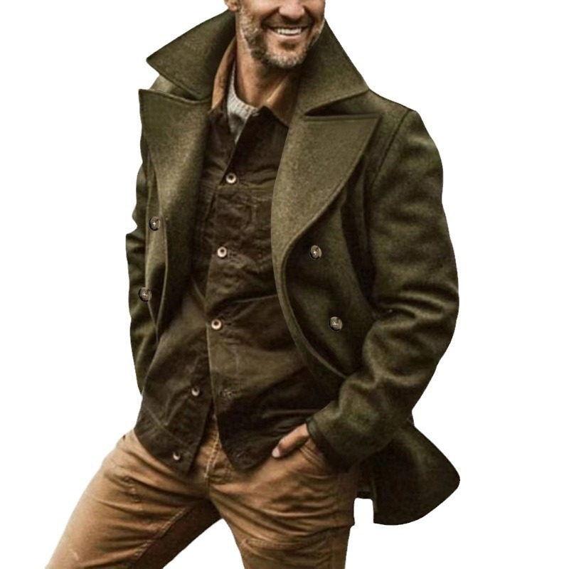 Ανδρικό παλτό διπλής σειράς με γιακά τύπου λαπέλ, μεσαίου μήκους, τσέπες κατά μήκος, χωρίς ζώνη