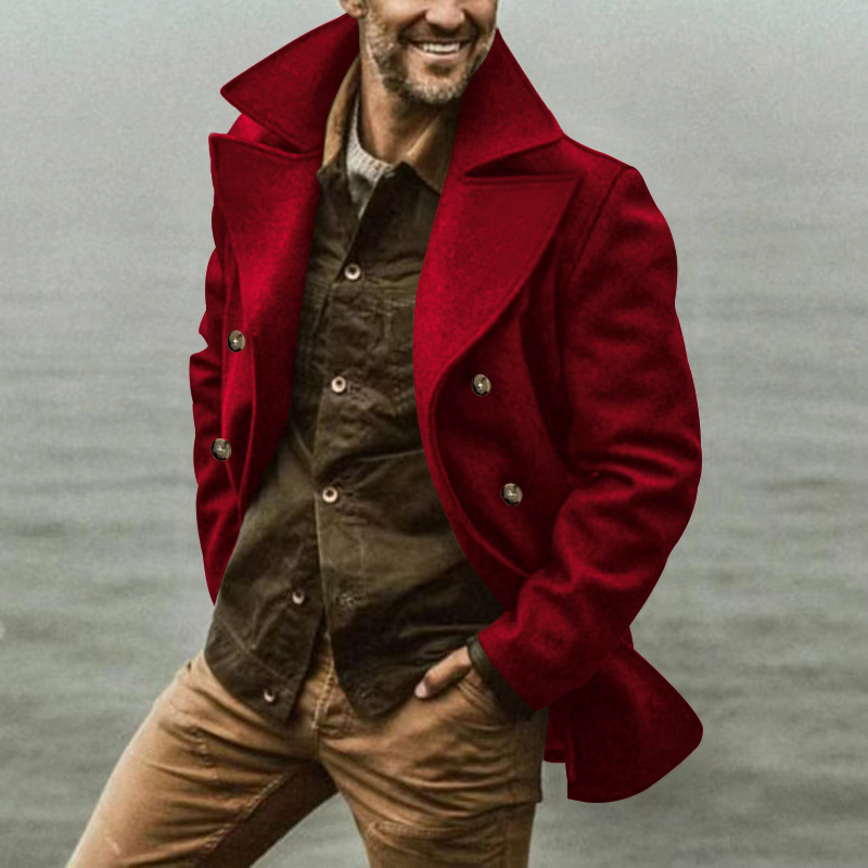 Ανδρικό παλτό διπλής σειράς με γιακά τύπου λαπέλ, μεσαίου μήκους, τσέπες κατά μήκος, χωρίς ζώνη