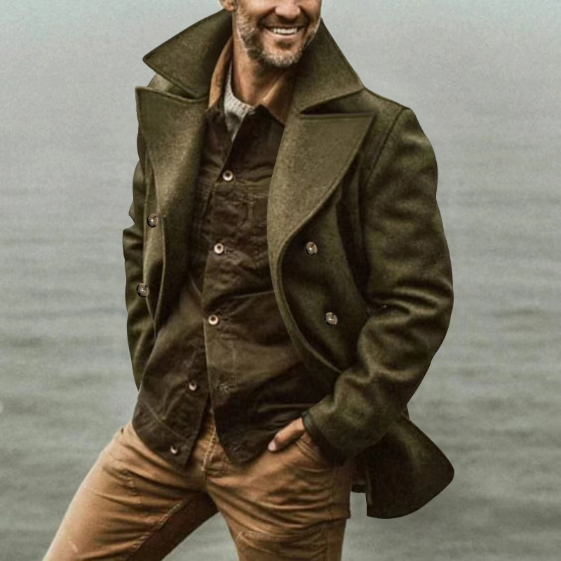 Ανδρικό παλτό διπλής σειράς με γιακά τύπου λαπέλ, μεσαίου μήκους, τσέπες κατά μήκος, χωρίς ζώνη