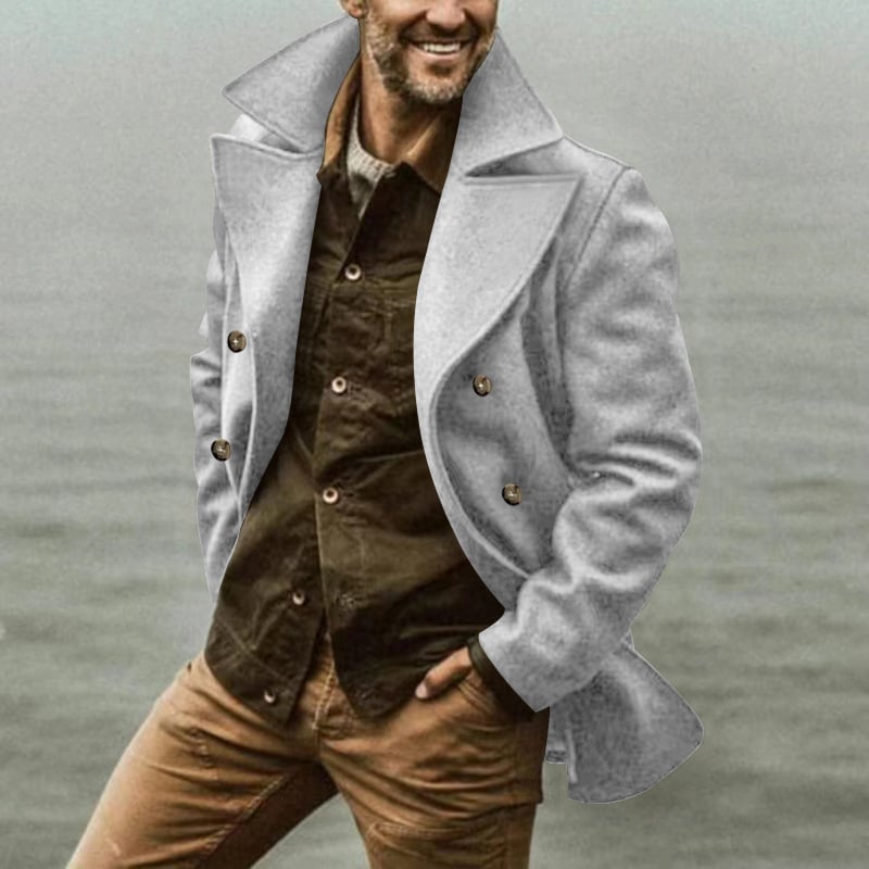 Ανδρικό παλτό διπλής σειράς με γιακά τύπου λαπέλ, μεσαίου μήκους, τσέπες κατά μήκος, χωρίς ζώνη