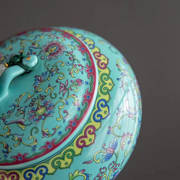 Keraminis arbatos indas su emalės danga, retro stilius, Ruyi motyvas su lotosu, svoris 0,65 kg