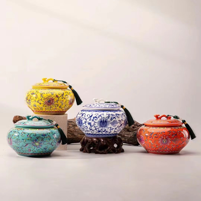 Keraminis arbatos indas su emalės danga, retro stilius, Ruyi motyvas su lotosu, svoris 0,65 kg