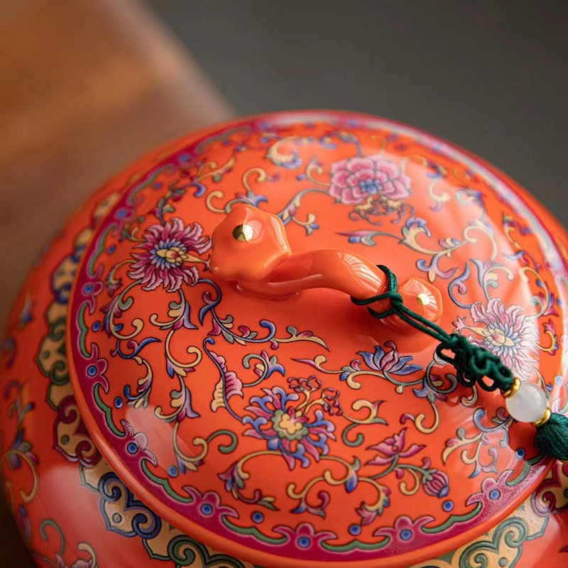 Keraminis arbatos indas su emalės danga, retro stilius, Ruyi motyvas su lotosu, svoris 0,65 kg