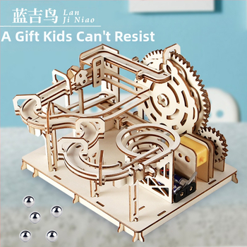 Koka DIY zinātnes rotaļlieta: bumbiņas trase ar roku saliekama, bioloģija/ķīmija, 7–14 gadi, Blue Jird