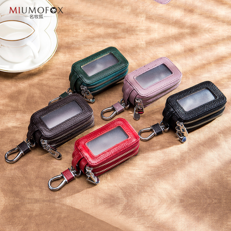 Īstas ādas automašīnu atslēgu soma, divslāņu konstrukcija, rāvējslēdzējs, universāla, caurspīdīgs spogulīša logs