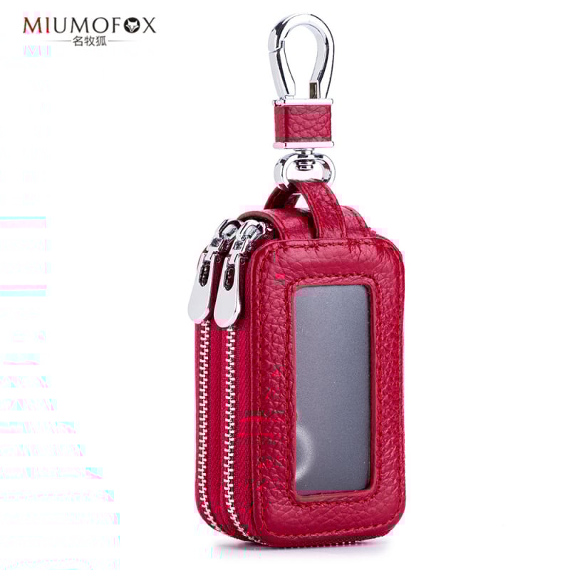 Īstas ādas automašīnu atslēgu soma, divslāņu konstrukcija, rāvējslēdzējs, universāla, caurspīdīgs spogulīša logs