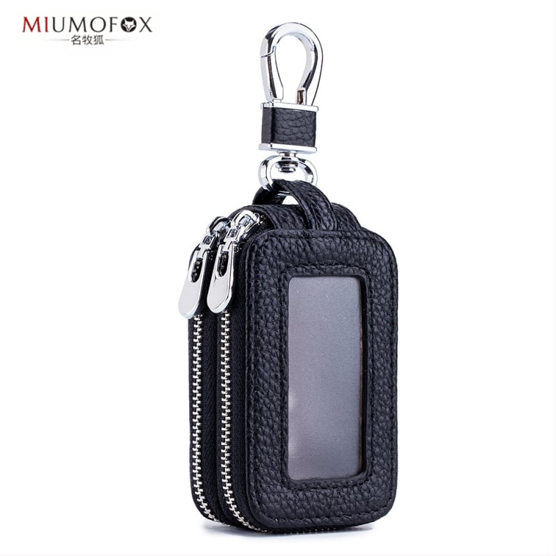 Īstas ādas automašīnu atslēgu soma, divslāņu konstrukcija, rāvējslēdzējs, universāla, caurspīdīgs spogulīša logs