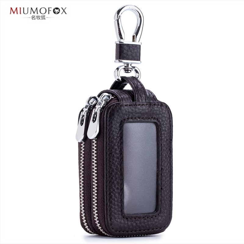 Īstas ādas automašīnu atslēgu soma, divslāņu konstrukcija, rāvējslēdzējs, universāla, caurspīdīgs spogulīša logs