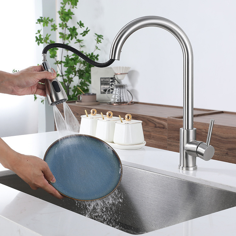 Ištraukiamas virtuvės maišytuvas, 304 nerūdijančio plieno, šlifuoto paviršiaus, keramikinis vožtuvas, 1,6 MPa, 0–90°C