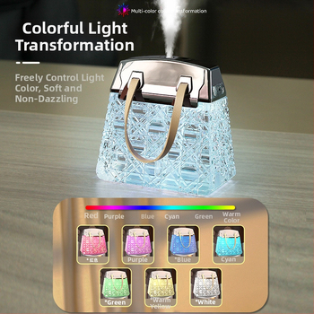 Drėkintuvas namams ir biurui — USB stalinis su krištolo korpusu, 1 rūko išėjimas, vandens bakas <0.5 L, aprėptis 21–30 m², atmosferos lemputė