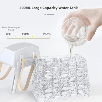 Drėkintuvas namams ir biurui — USB stalinis su krištolo korpusu, 1 rūko išėjimas, vandens bakas <0.5 L, aprėptis 21–30 m², atmosferos lemputė