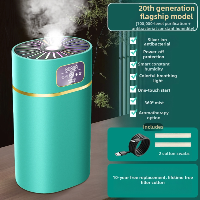 Tylius drėkintuvas su aromaterapija ir neigiamais jonais; vandens bakas 0,5–1 L; daugiau nei 3 rūko išėjimai; tinkamas plotui iki 10 m²; maitinimas sausais baterijomis