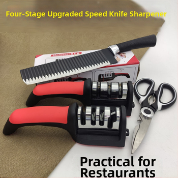 Tryjų pakopų rankinis peilių šlifuoklis su kilpele, neslystančia baze, skirtas virtuvės peiliams ir žirklėms, iš aukšto anglies plieno