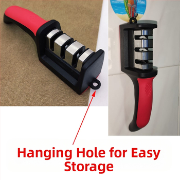 Tryjų pakopų rankinis peilių šlifuoklis su kilpele, neslystančia baze, skirtas virtuvės peiliams ir žirklėms, iš aukšto anglies plieno