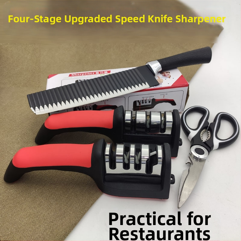 Tryjų pakopų rankinis peilių šlifuoklis su kilpele, neslystančia baze, skirtas virtuvės peiliams ir žirklėms, iš aukšto anglies plieno