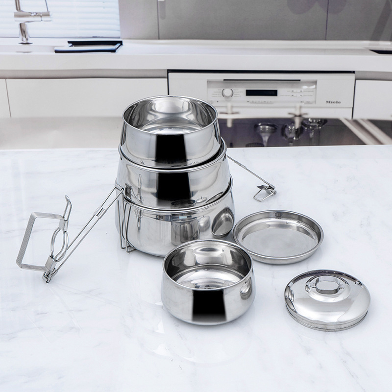 Nehrđajući čelična kutija za ručak s višeslojnom konstrukcijom (tri do četiri sloja), okrugla, kapaciteta 1–2 L, nije prikladna za mikrovalnu pećnicu