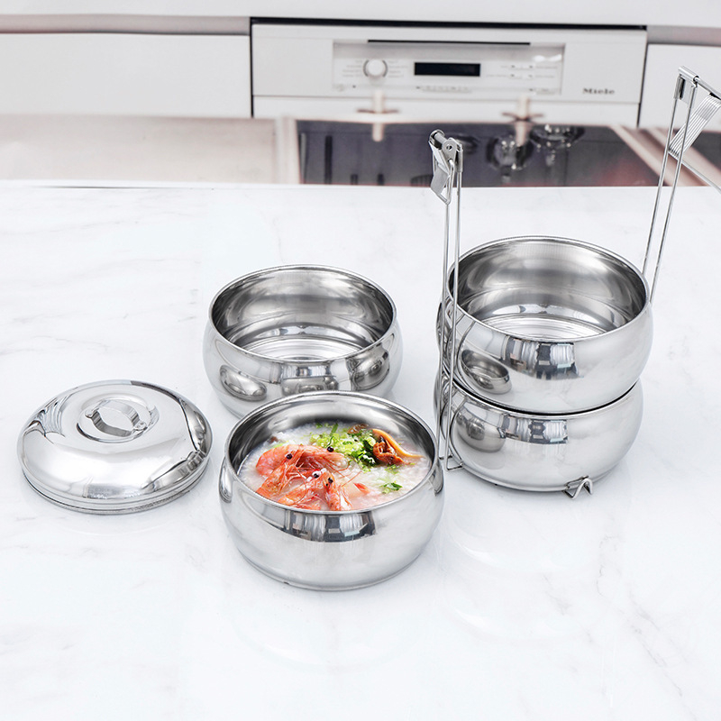 Nehrđajući čelična kutija za ručak s višeslojnom konstrukcijom (tri do četiri sloja), okrugla, kapaciteta 1–2 L, nije prikladna za mikrovalnu pećnicu