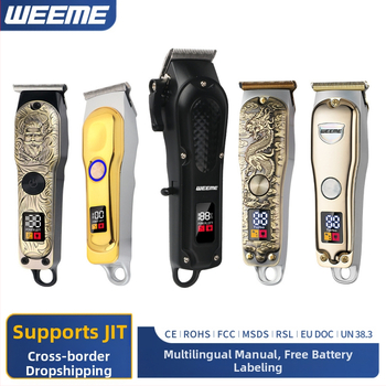 Elektrinis plaukų kirpimo prietaisas su bešepiniu varikliu, titano lydinio peilis, nuimamas ir plaunamas peilis, įmontuota įkraunama baterija, veikimo laikas 6–8 valandos