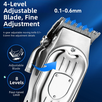 Elektrinis plaukų kirpimo prietaisas su bešepiniu varikliu, titano lydinio peilis, nuimamas ir plaunamas peilis, įmontuota įkraunama baterija, veikimo laikas 6–8 valandos