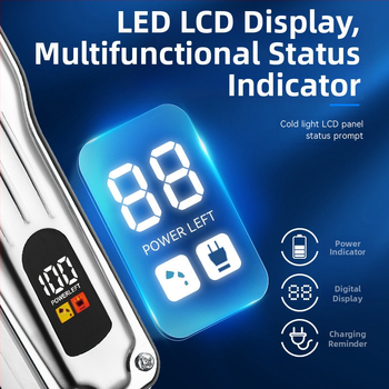 Elektrinis plaukų kirpimo prietaisas su bešepiniu varikliu, titano lydinio peilis, nuimamas ir plaunamas peilis, įmontuota įkraunama baterija, veikimo laikas 6–8 valandos