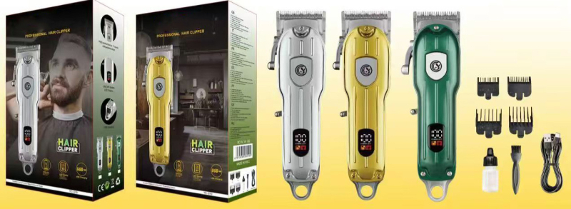 Elektrinis plaukų kirpimo prietaisas su bešepiniu varikliu, titano lydinio peilis, nuimamas ir plaunamas peilis, įmontuota įkraunama baterija, veikimo laikas 6–8 valandos