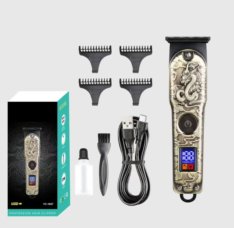 Elektrinis plaukų kirpimo prietaisas su bešepiniu varikliu, titano lydinio peilis, nuimamas ir plaunamas peilis, įmontuota įkraunama baterija, veikimo laikas 6–8 valandos