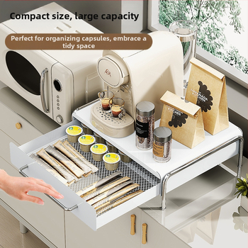 Ράφι προβολής καψουλών καφέ με βάση καφετιέρα και συρτάρι για σακουλάκια τσαγιού – Ατσάλι άνθρακα, Σύγχρονο μινιμαλιστικό στυλ, μάρκα Nabo, κατάλληλο για μπαρ, καφέ, εστιατόριο