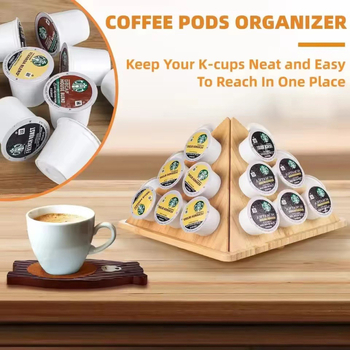 Ξύλινος τριγωνικός αποθηκευτής για κάψουλες καφέ με περιστροφή 360°, επιτραπέζιος, μονόεπίπεδο, με πολλαπλά διαμερίσματα.