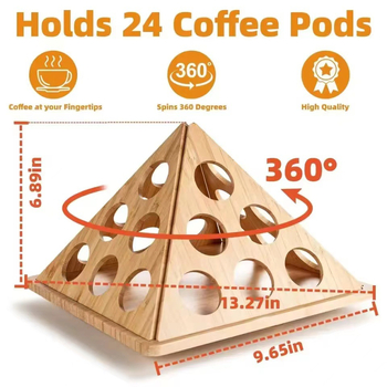 Ξύλινος τριγωνικός αποθηκευτής για κάψουλες καφέ με περιστροφή 360°, επιτραπέζιος, μονόεπίπεδο, με πολλαπλά διαμερίσματα.