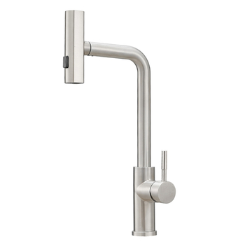 Virtuvės ištraukiamas čiaupas karštam ir šaltam vandeniui, nerūdijantis plienas, šlifuotas paviršius, keramikinis vožtuvo šerdis, modelis 3668