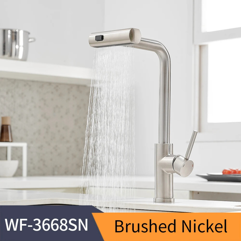 Virtuvės ištraukiamas čiaupas karštam ir šaltam vandeniui, nerūdijantis plienas, šlifuotas paviršius, keramikinis vožtuvo šerdis, modelis 3668
